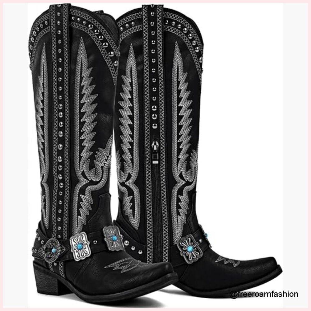 Knee High Western Boots with Embroidery Belt Buckle Chains Square Toe